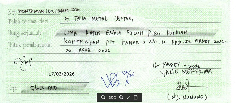 TML - Penyediaan Kontrakan Tukang Kamar 3 Oleh Bu Nunung Periode  22 Maret - 22 April 2026